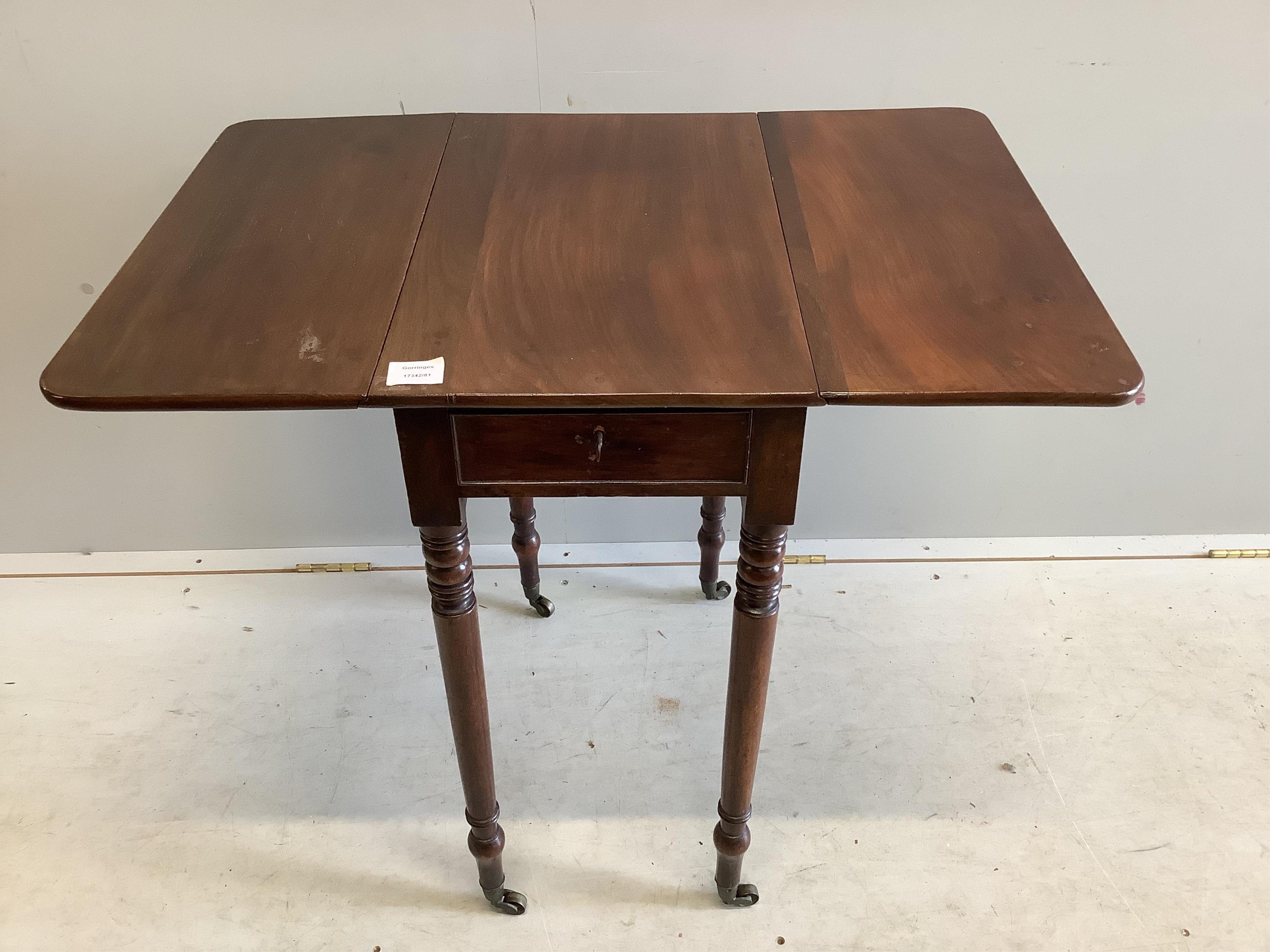 A 19th century Pembroke drop flap work table, width 34cm, depth 54cm, height 72cm. Condition - fair